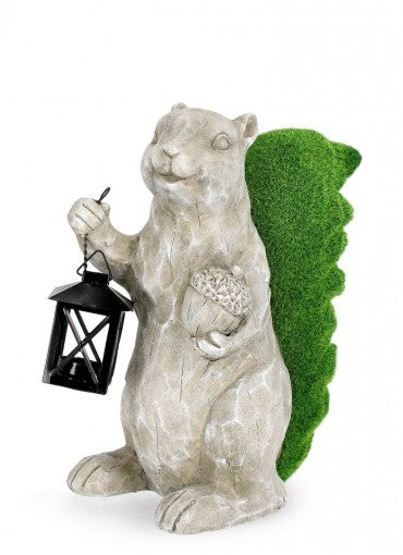 Gartendeko Standing Garden Squirrel With Lantern Grau (1)