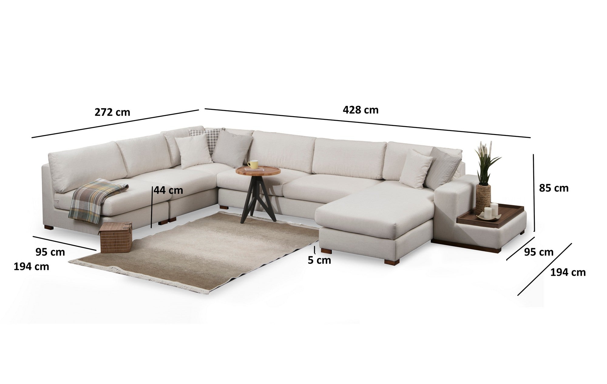 Ecksofa mit Chaiselongue Rechts, 5-Sitzer, aus Stoff, Loop 9 Beige (6)