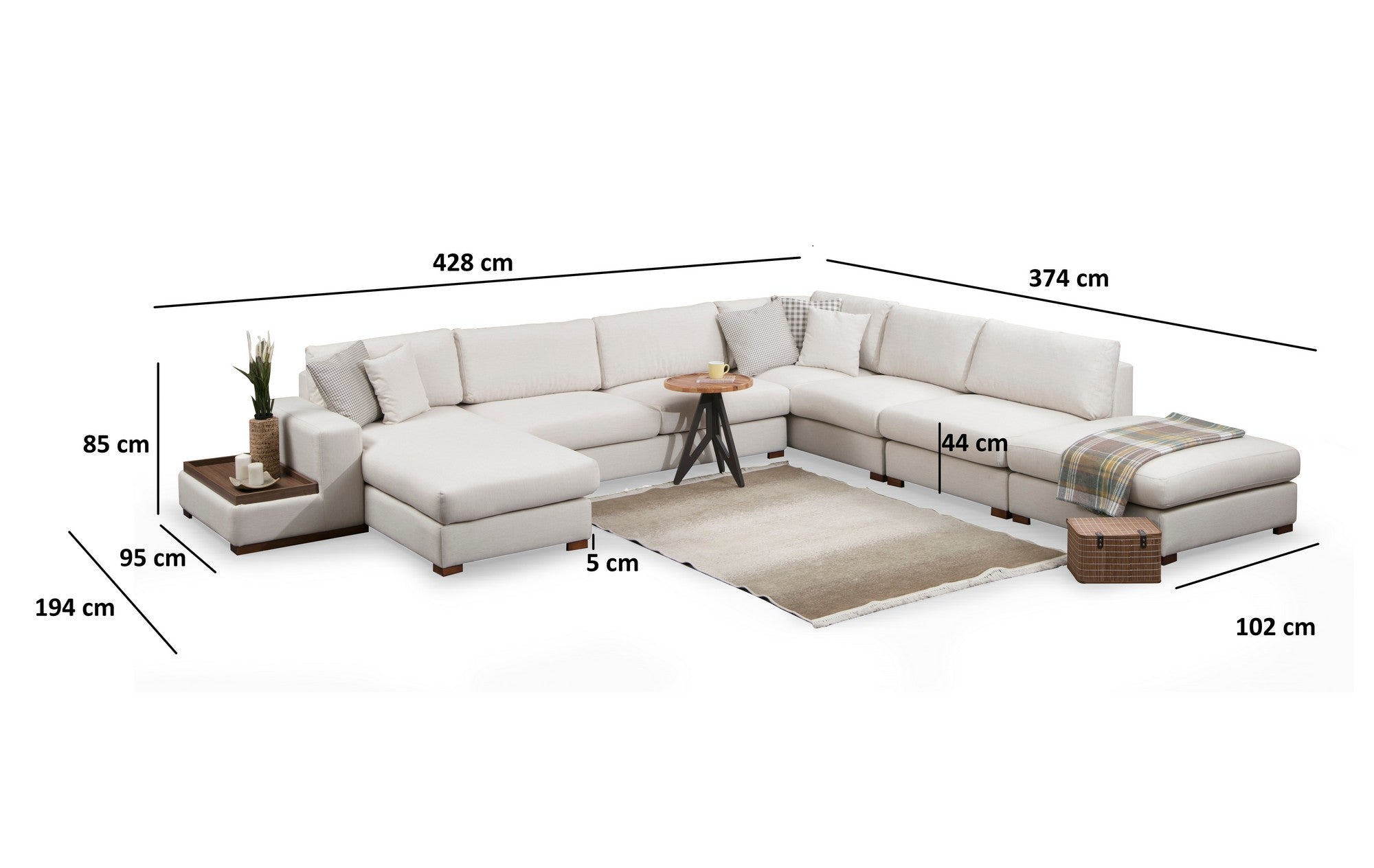 Ecksofa mit Chaiselongue Rechts, 5-Sitzer, aus Stoff, Loop 11 Beige (6)