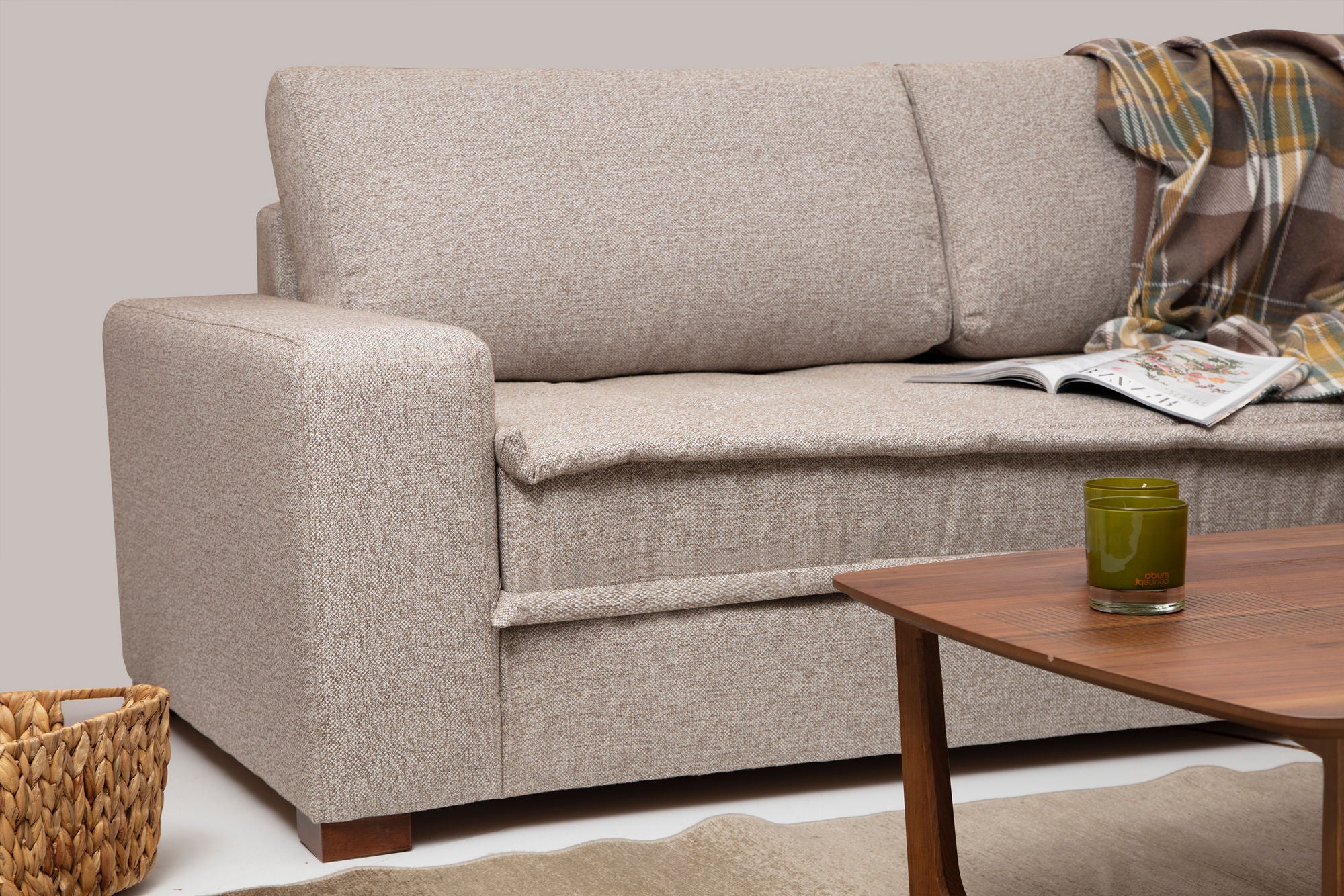 Ecksofa mit Chaiselongue Rechts, 3-Sitzer, aus Stoff, Lena Beige (3)