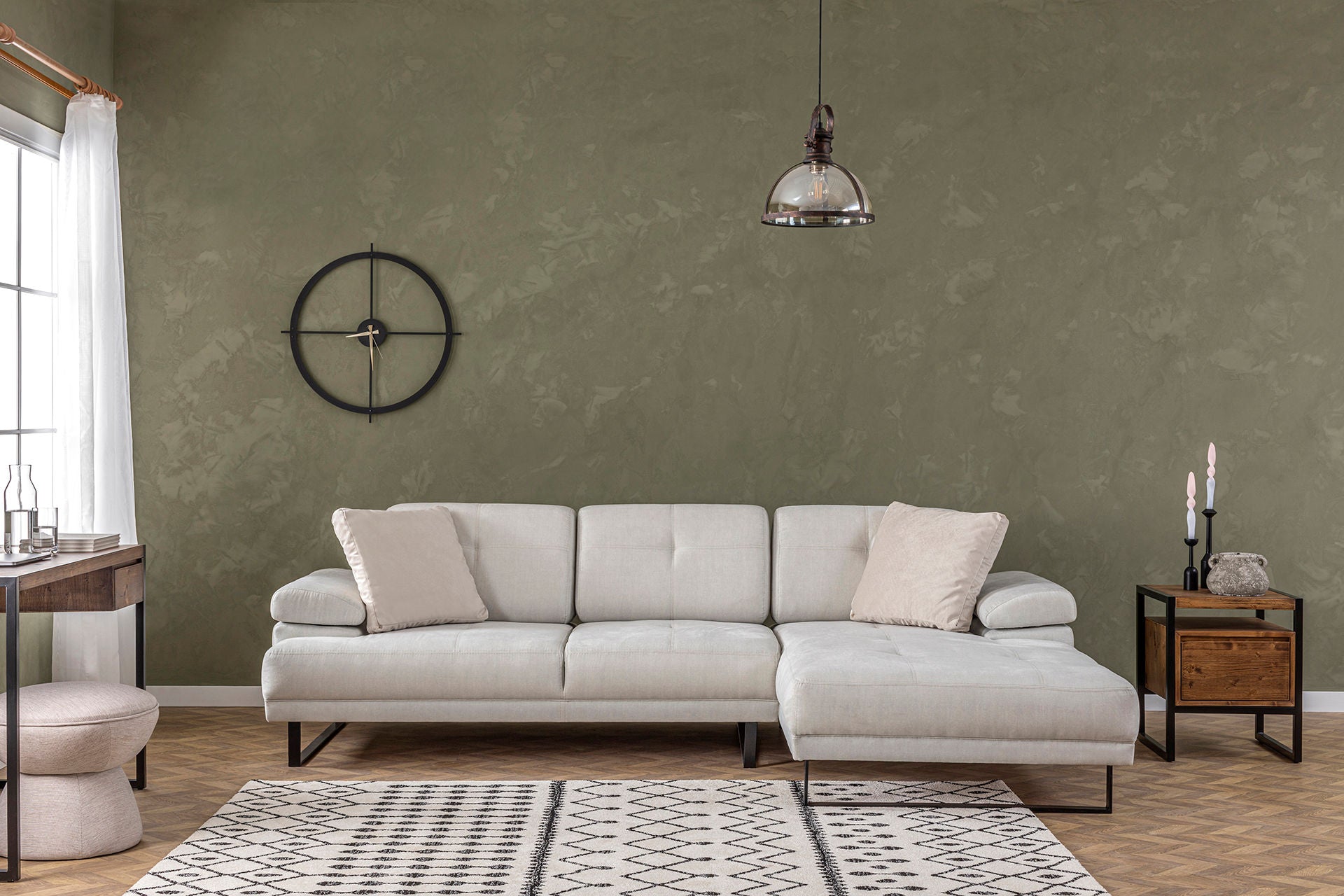 Ecksofa mit Chaiselongue Rechts, 3-Sitzer, aus Stoff, Mustang Large Beige