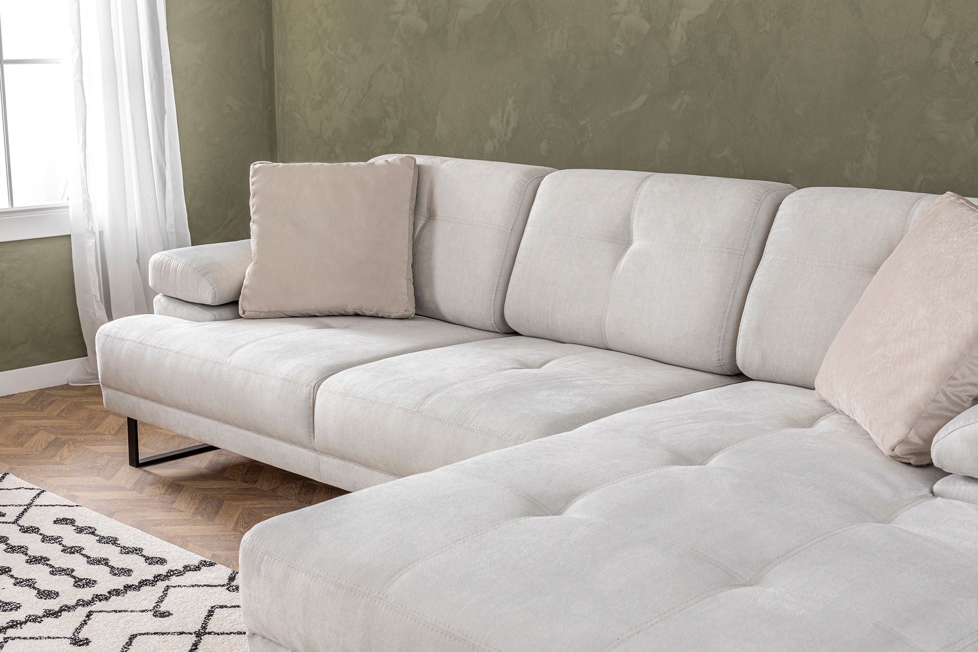 Ecksofa mit Chaiselongue Rechts, 3-Sitzer, aus Stoff, Mustang Large Beige (3)