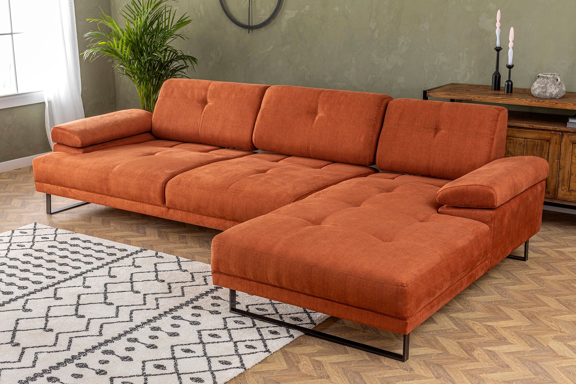 Ecksofa mit Chaiselongue Rechts, 3-Sitzer, aus Stoff, Mustang Small Orange (4)