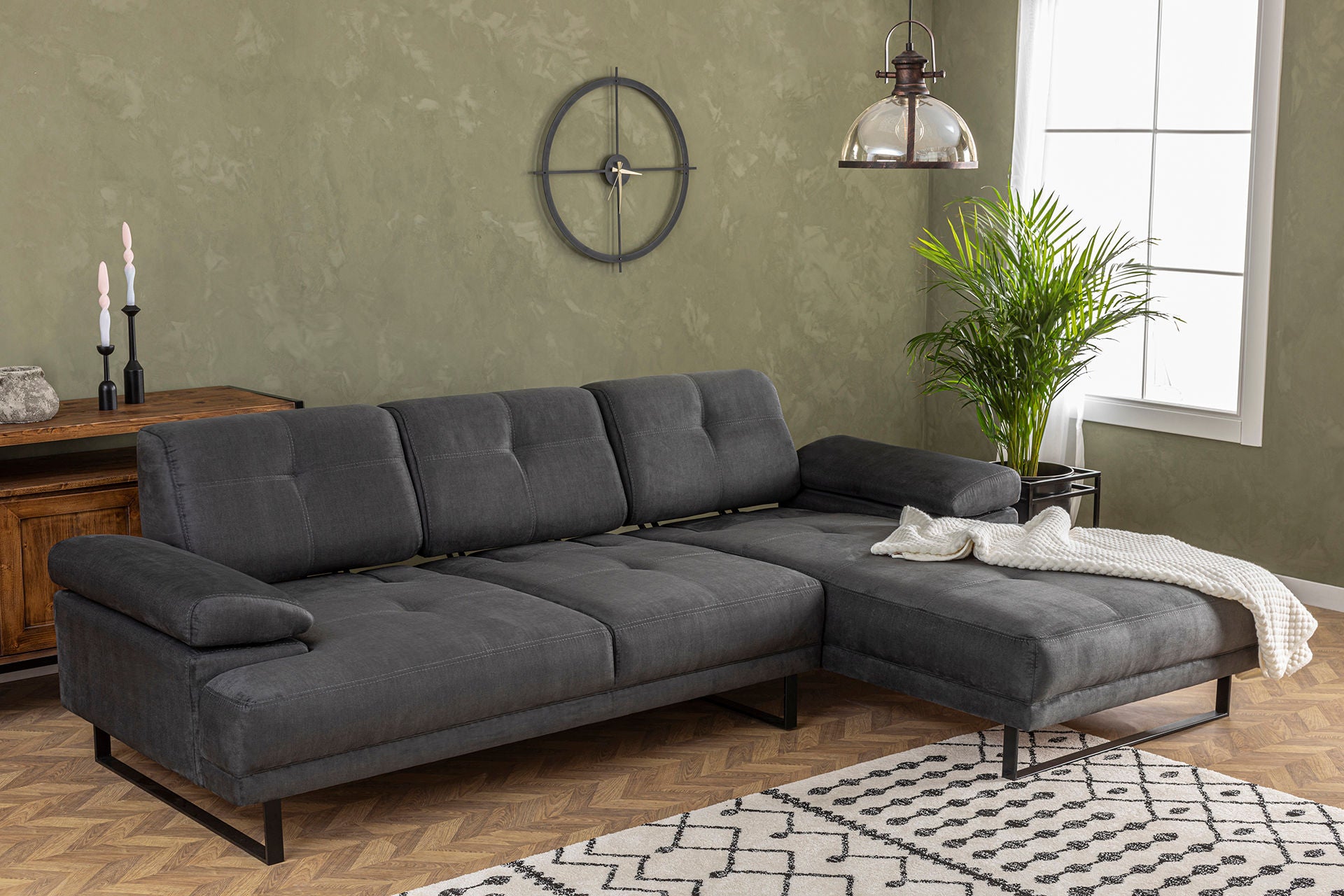 Ecksofa mit Chaiselongue Rechts, 3-Sitzer, aus Stoff, Mustang Large Anthrazit (2)