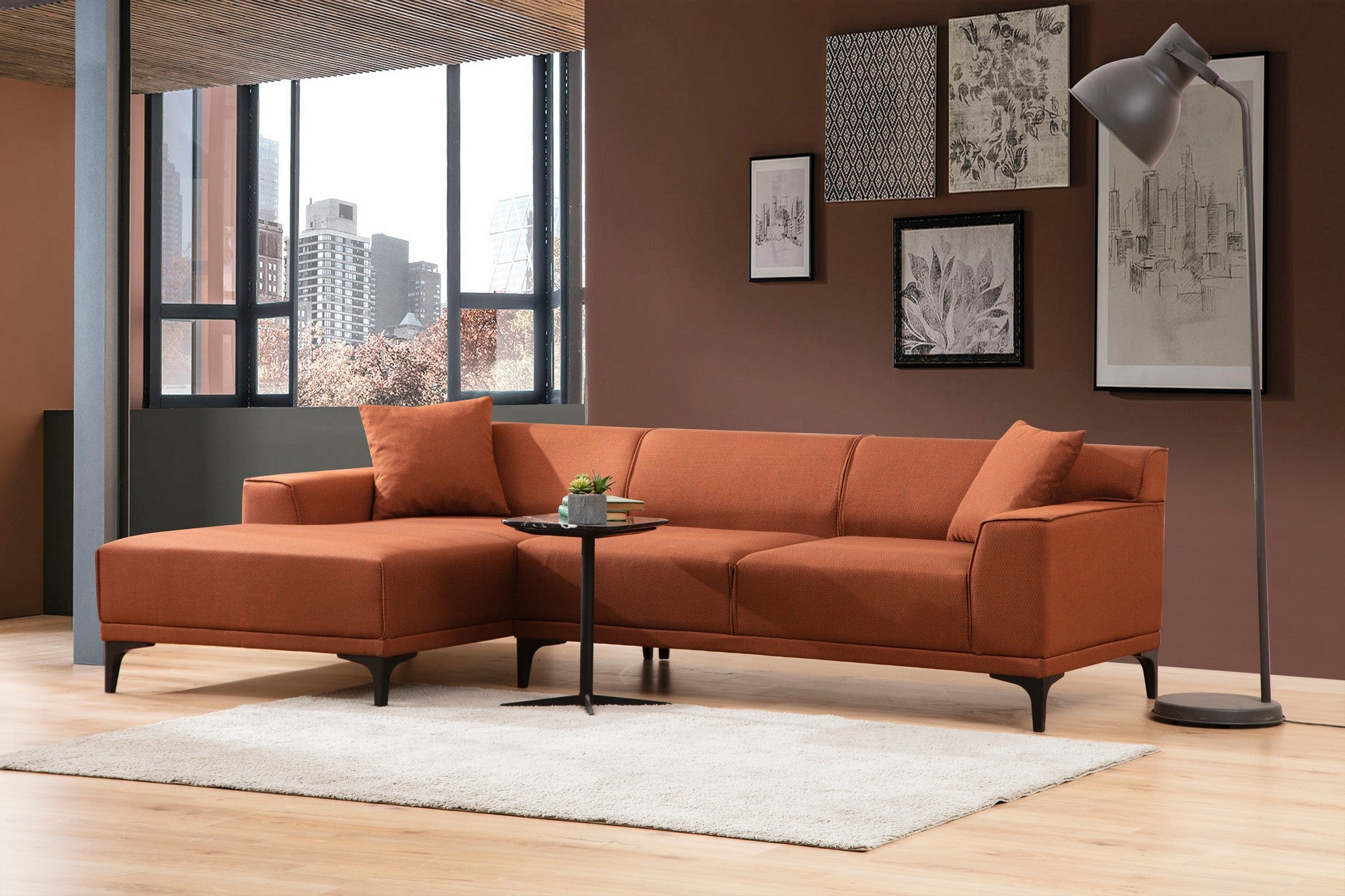 Ecksofa mit Chaiselongue Links, 3-Sitzer, aus Stoff, Petra Orange (1)