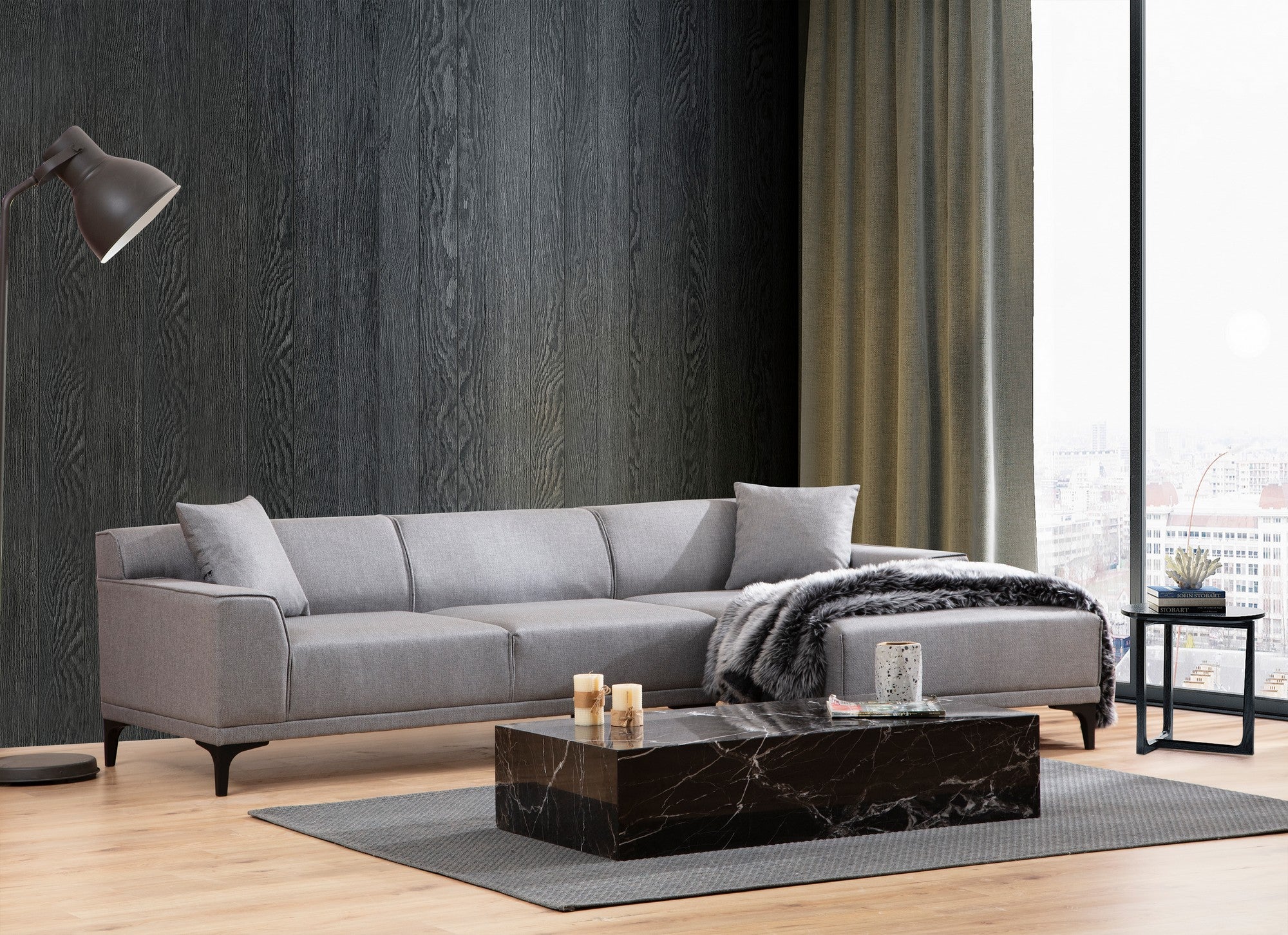 Ecksofa mit Chaiselongue Rechts, 3-Sitzer, aus Stoff, Petra Grau (1)