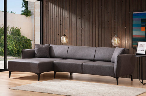 Ecksofa mit Chaiselongue Links, 3-Sitzer, aus Stoff, Belissimo Grau