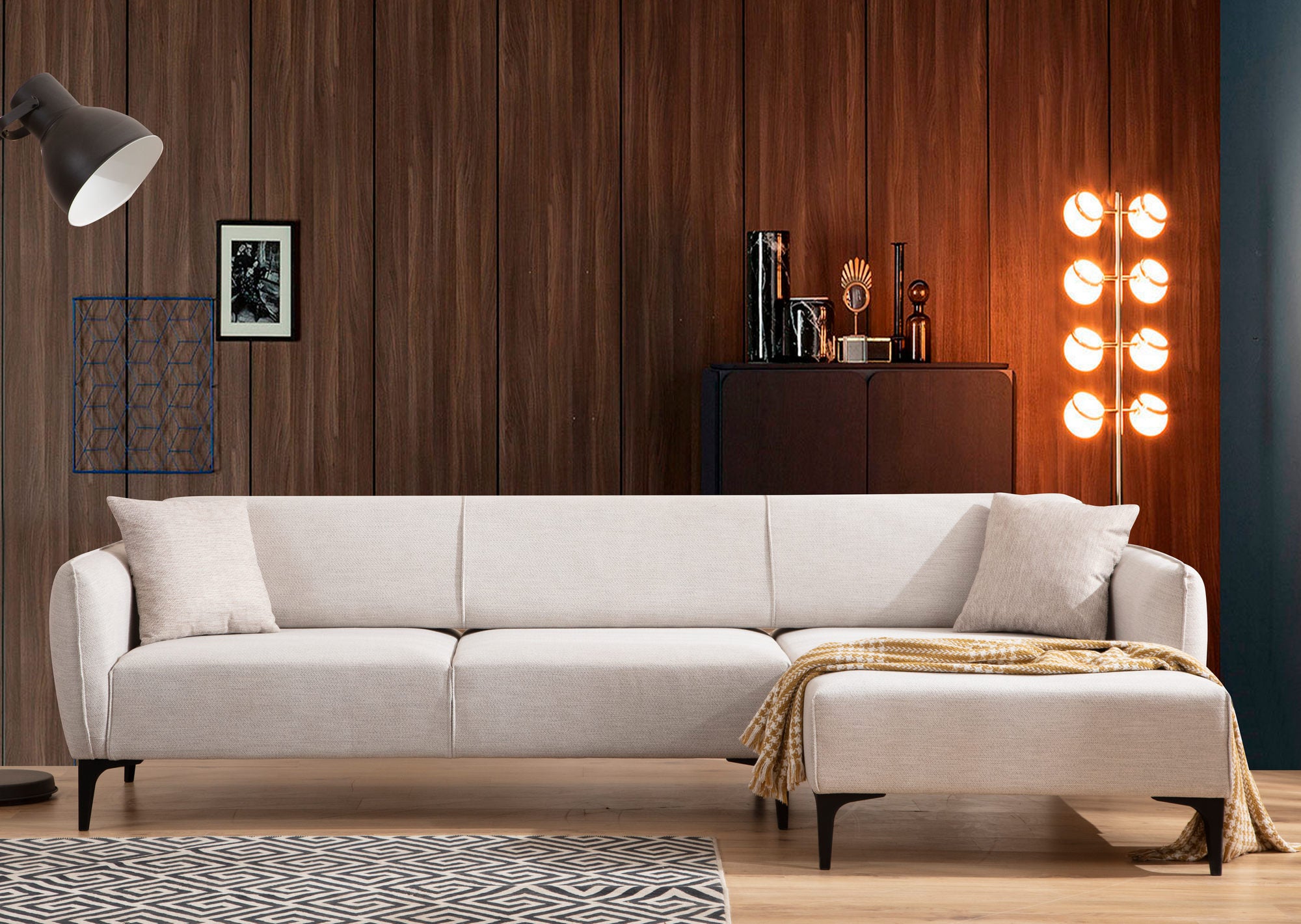 Ecksofa mit Chaiselongue Rechts, 3-Sitzer, aus Stoff, Belissimo Weiß (1)