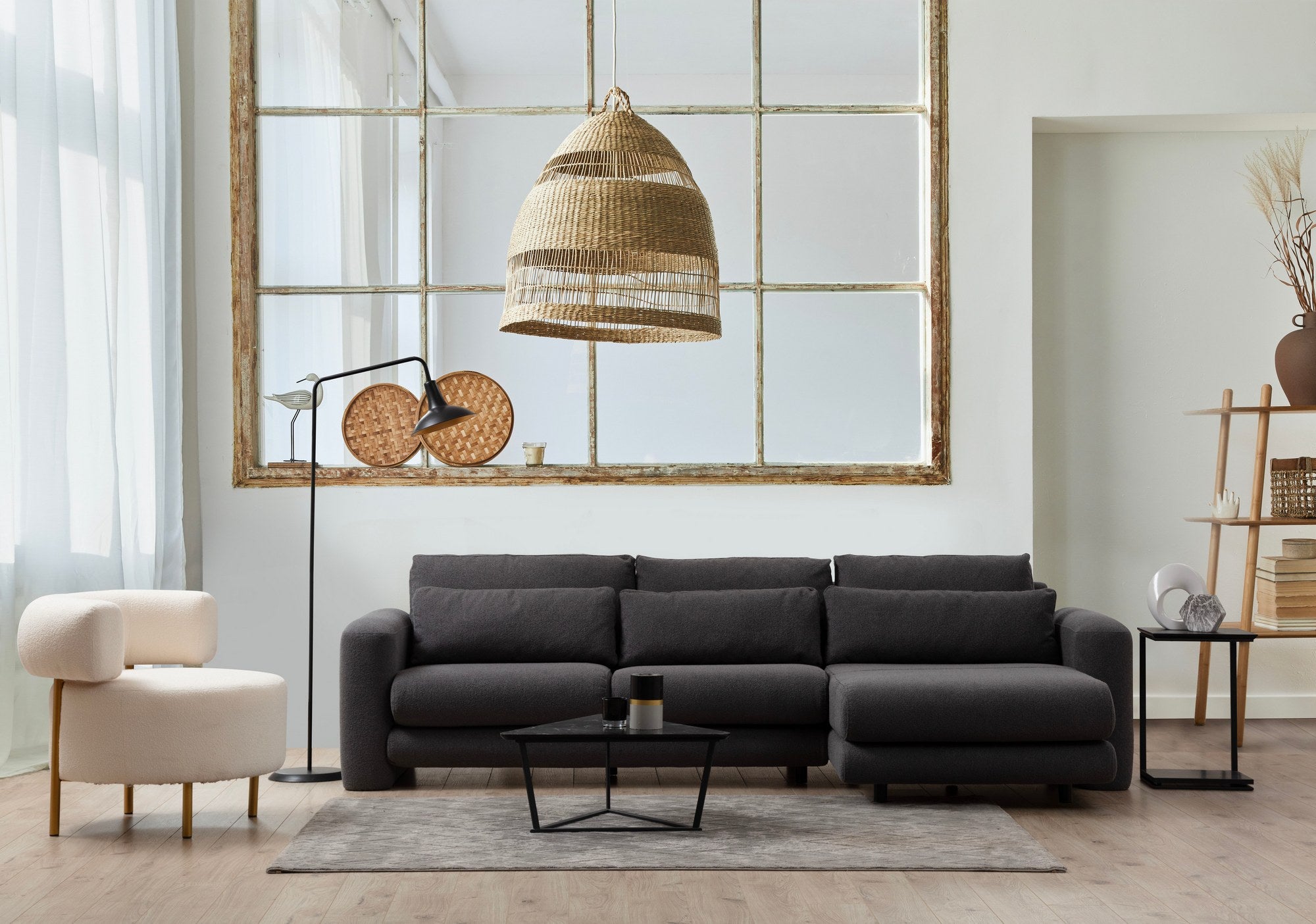 Ecksofa mit Chaiselongue Rechts, 3-Sitzer, aus Stoff, Lily Grau (2)