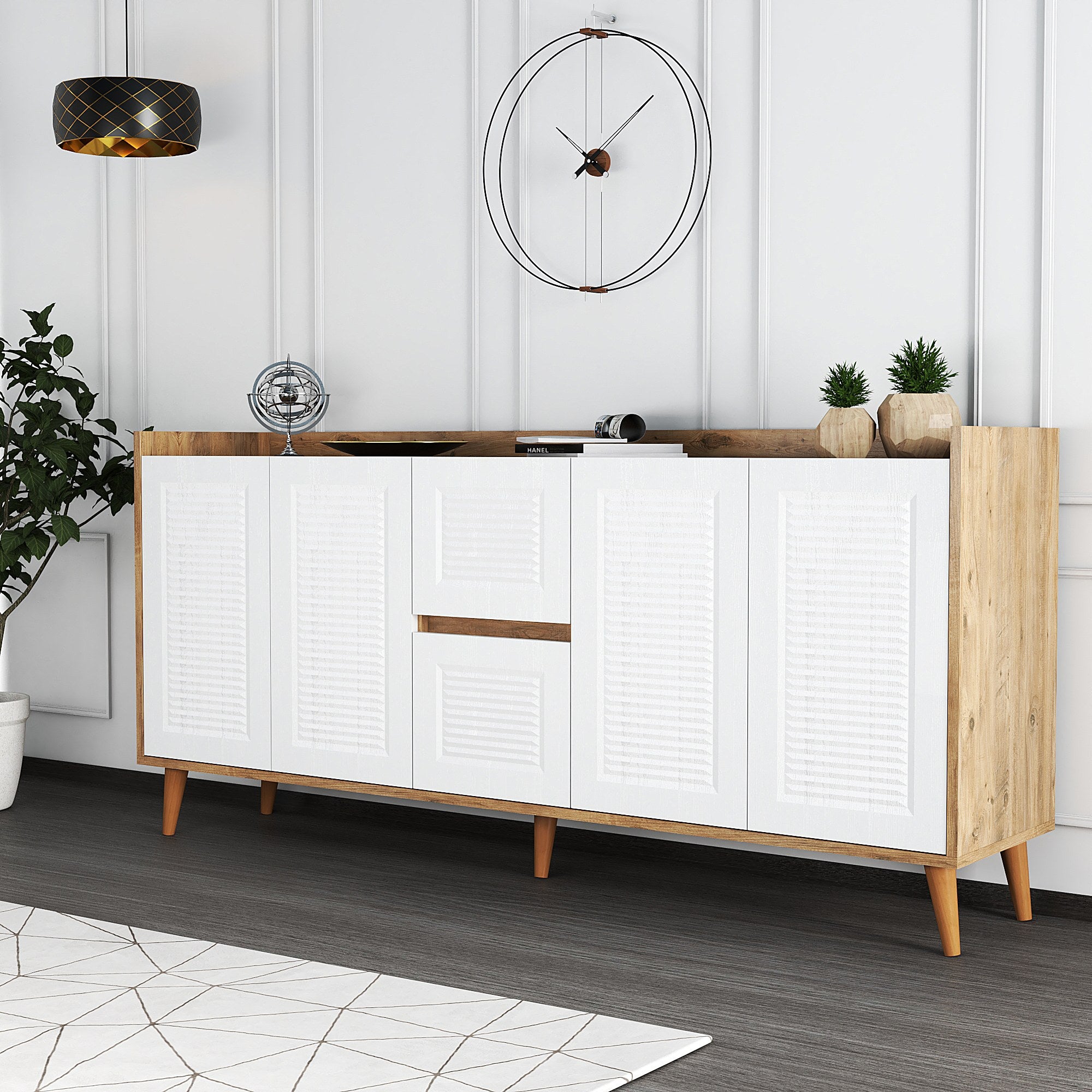 Sideboard mit 2 schubladen und 4 türen, Sidelya 4 Weiß