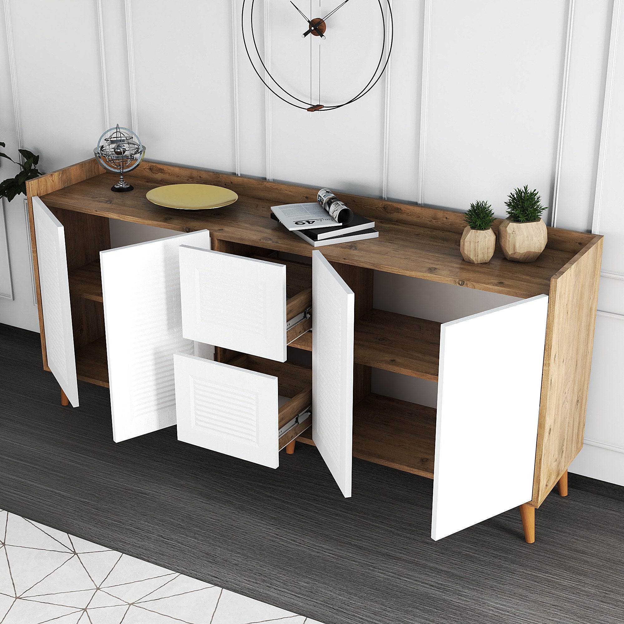 Sideboard mit 2 schubladen und 4 türen, Sidelya 4 Weiß (3)