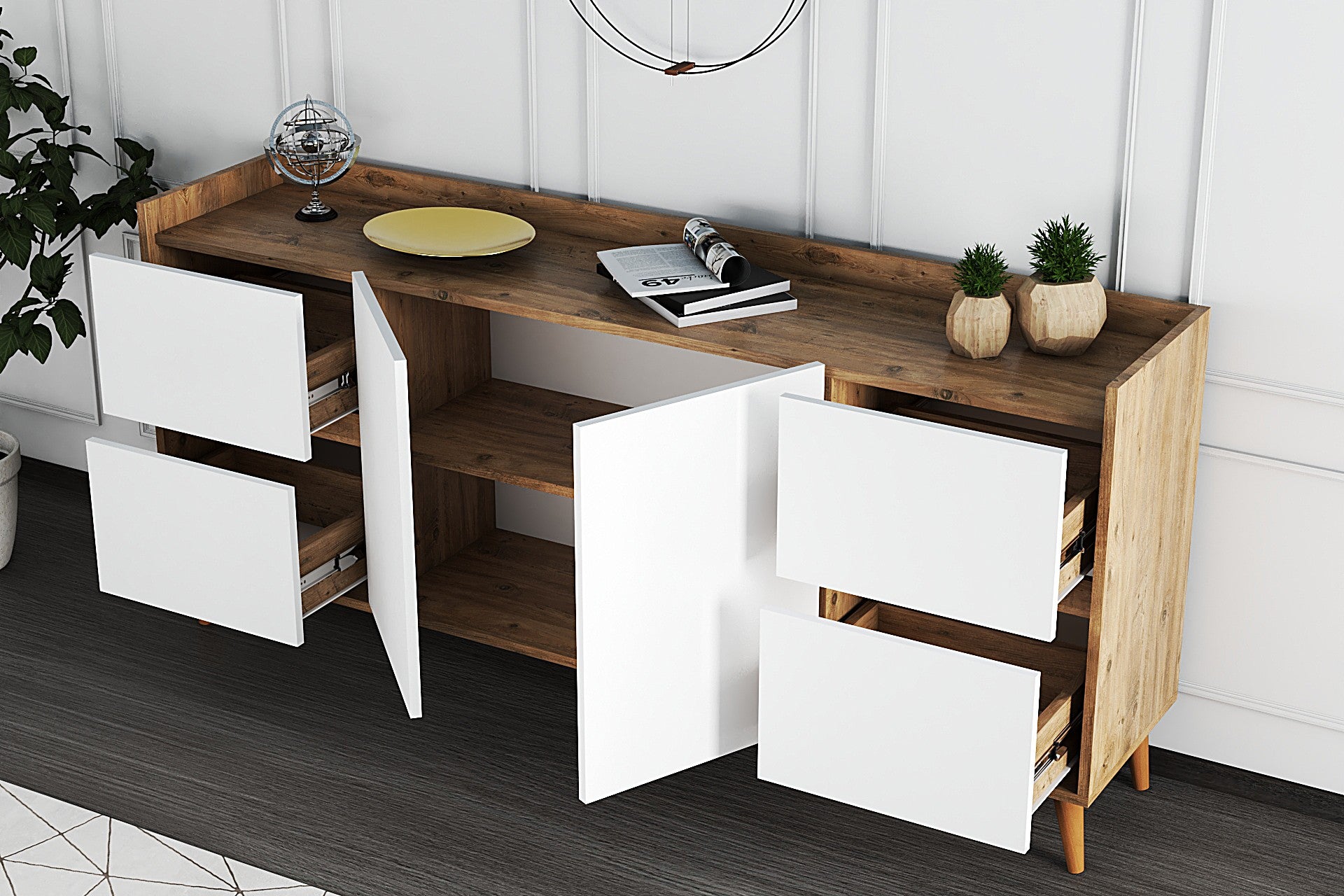 Sideboard mit 4 schubladen und 2 türen, Efron Weiß (2)