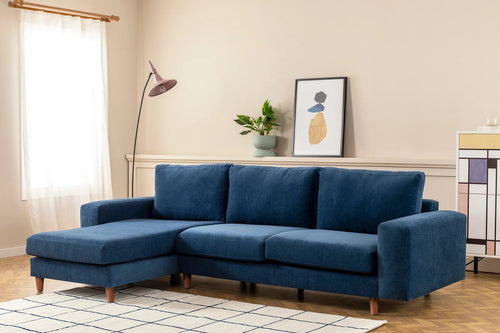 Ecksofa mit Chaiselongue Links, 4-Sitzer, aus Stoff, Berlin Blau