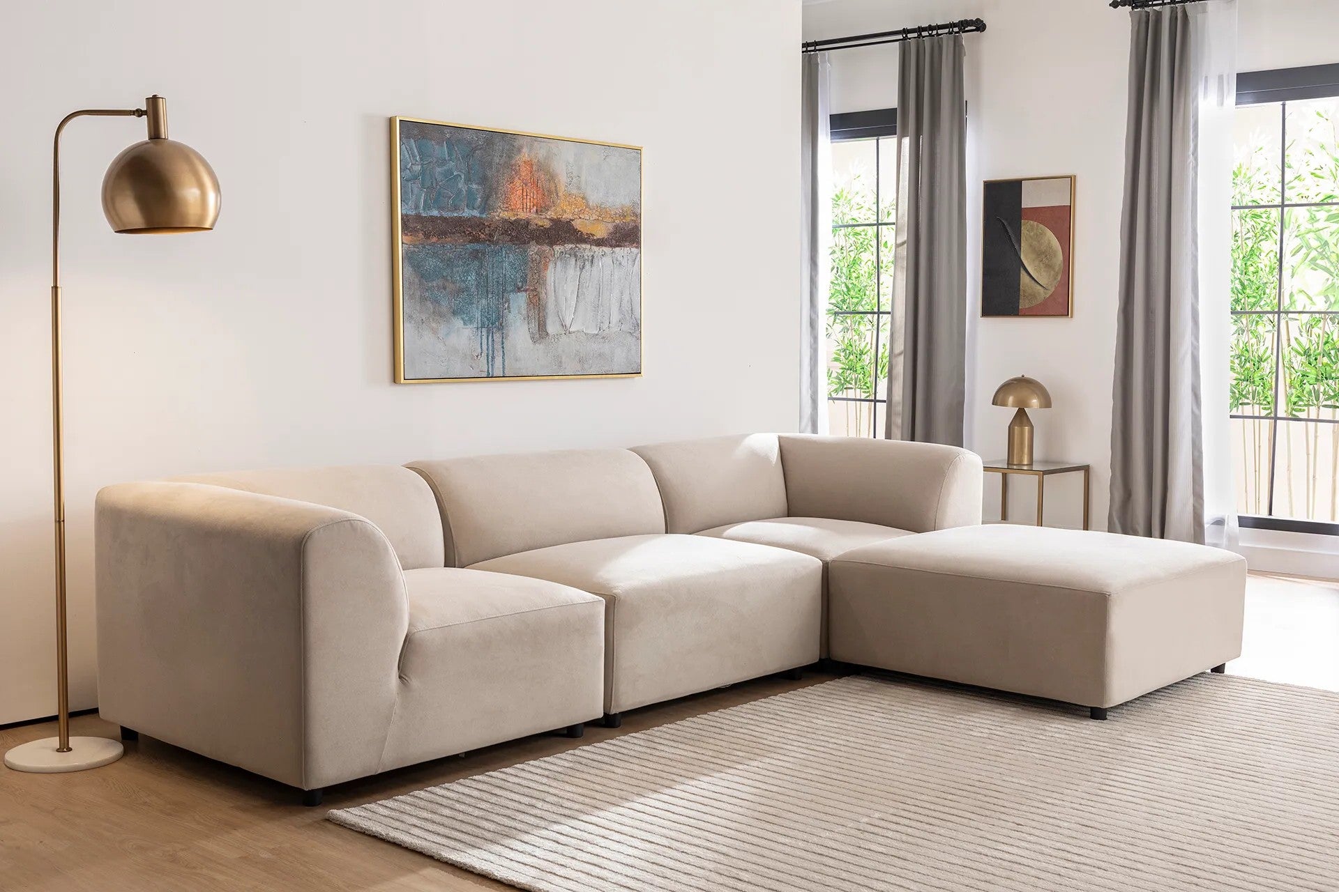 Ecksofa mit Chaiselongue Rechts, 4-Sitzer, aus Stoff, Alpha Creme (1)