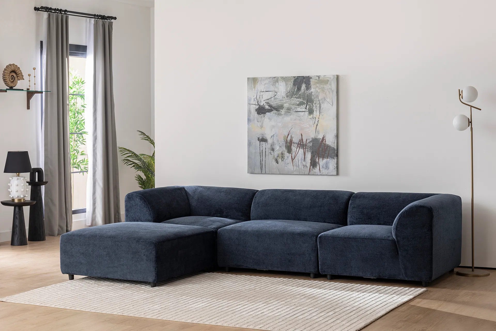 Ecksofa mit Chaiselongue Links, 4-Sitzer, aus Stoff, Alpha Blau