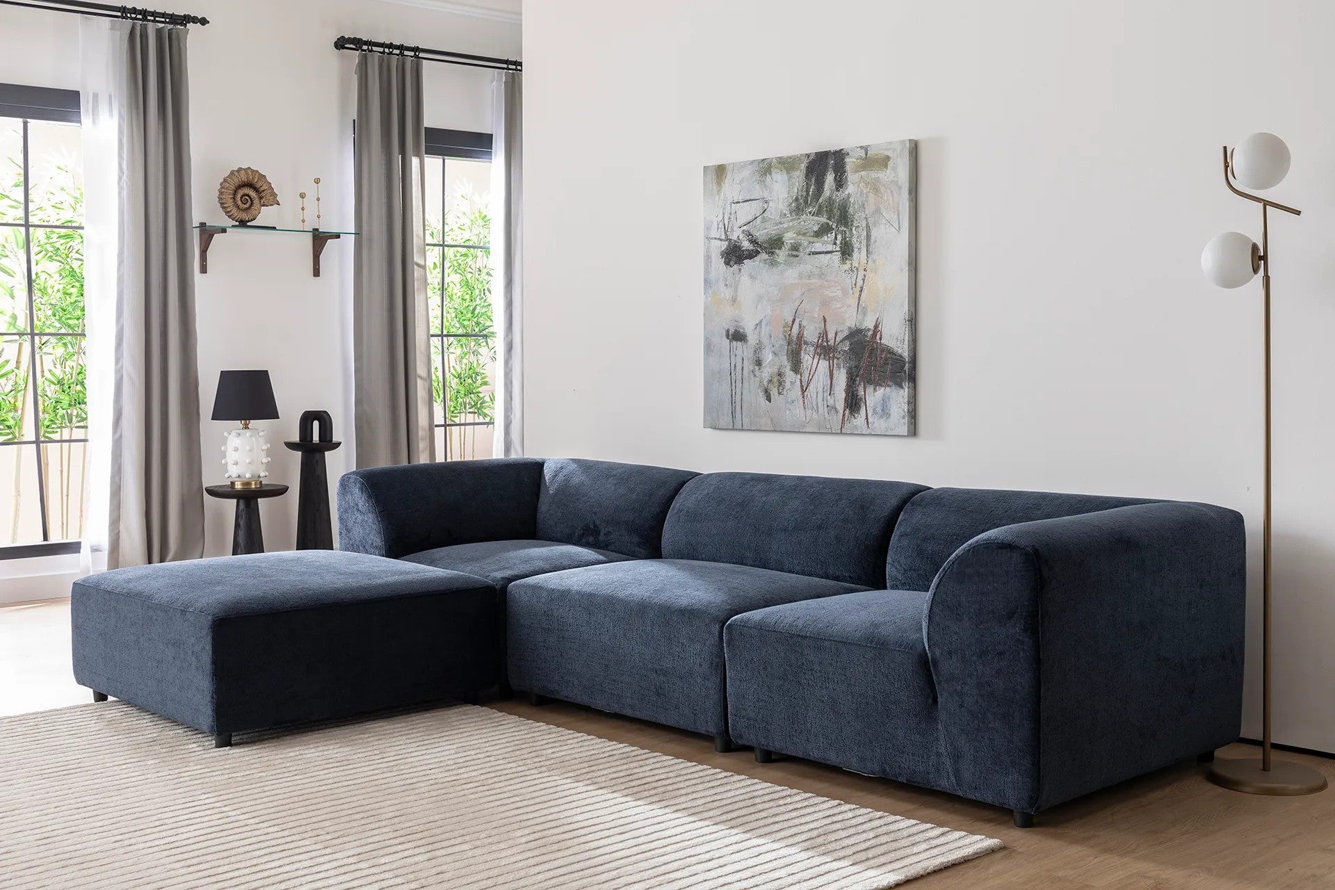 Ecksofa mit Chaiselongue Links, 4-Sitzer, aus Stoff, Alpha Blau (1)