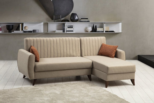 Ecksofa Schlaffunktion mit Chaiselongue Rechts, 3-Sitzer, aus Stoff, Alkon Beige (1)