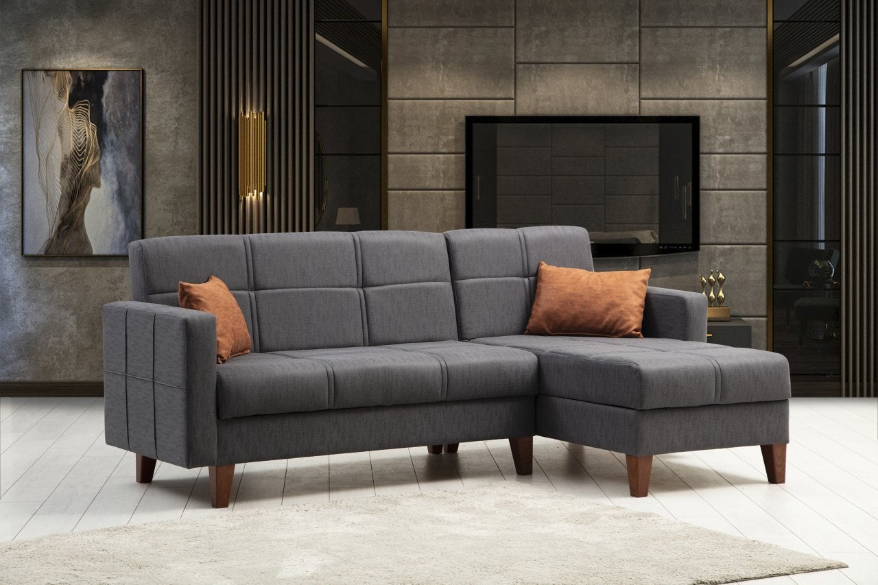 Ecksofa mit Chaiselongue Rechts, 3-Sitzer, aus Stoff, Polya Grau