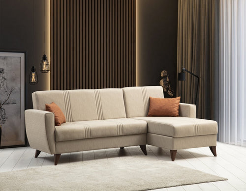 Ecksofa Schlaffunktion mit Chaiselongue Rechts, 3-Sitzer, aus Stoff, Zaden Beige