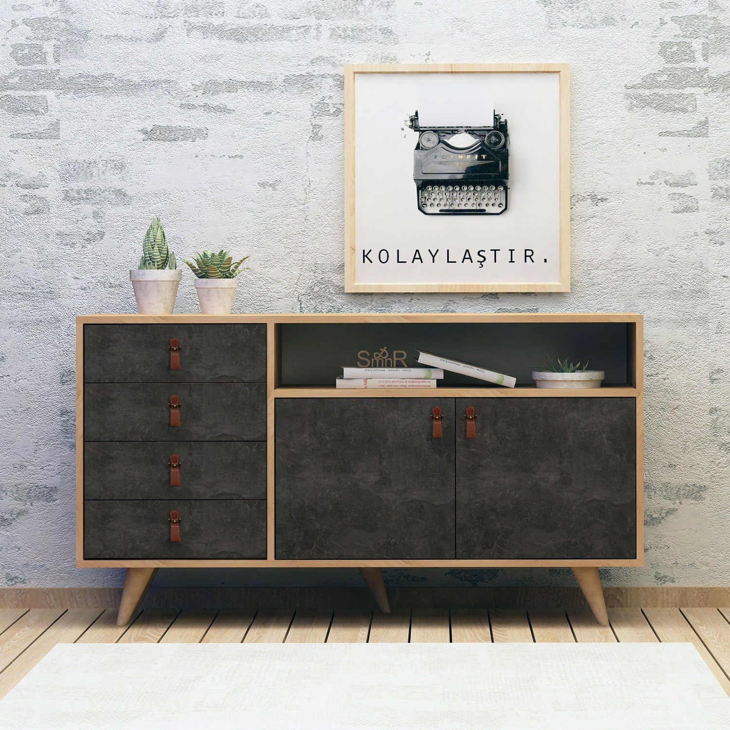 Sideboard mit 4 schubladen und 2 türen, Pagina Grau