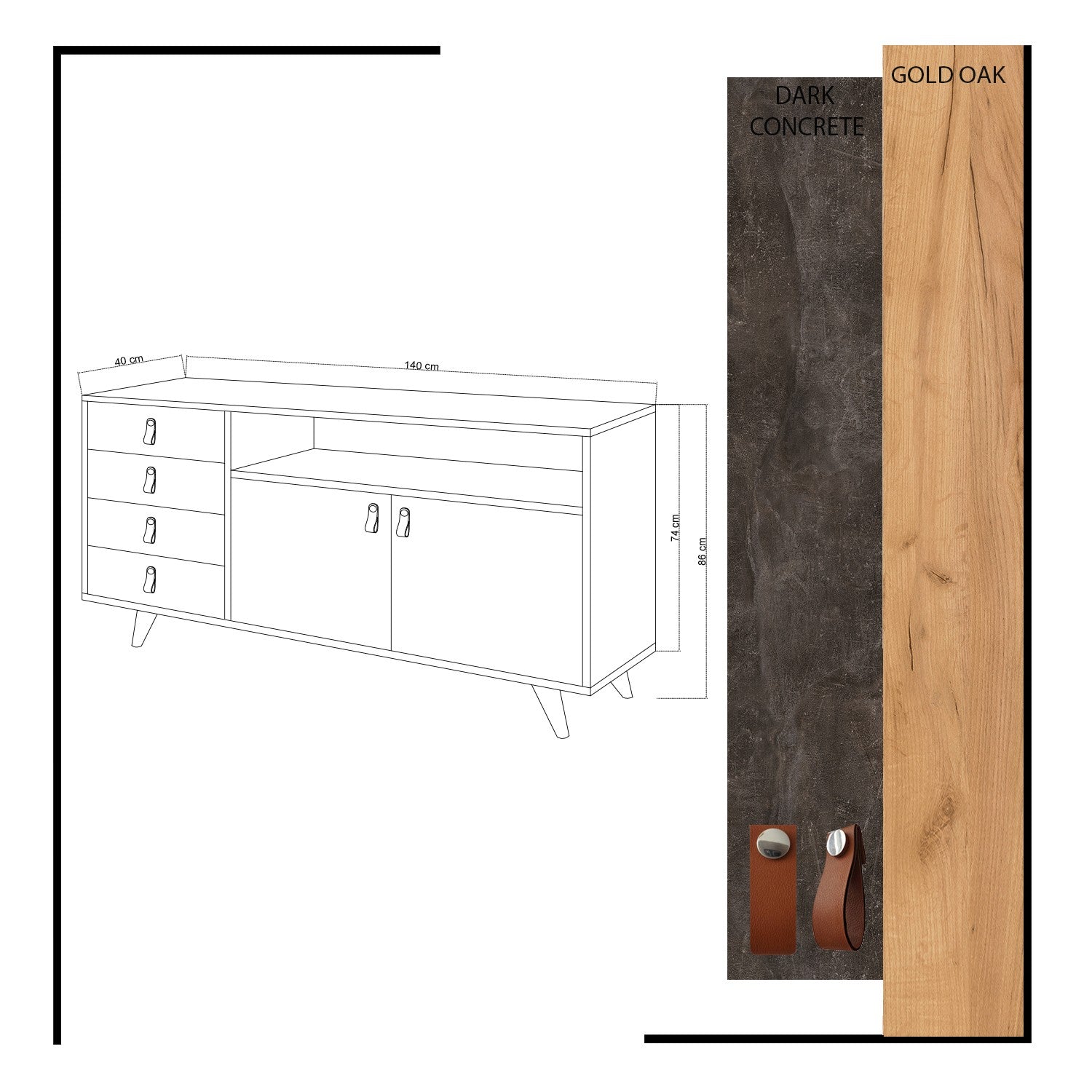 Sideboard mit 4 schubladen und 2 türen, Pagina Grau (4)