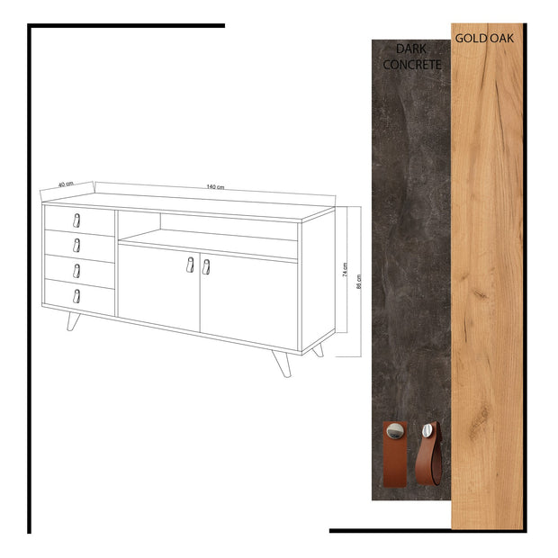 Sideboard mit 4 schubladen und 2 türen, Pagina Grau (4)