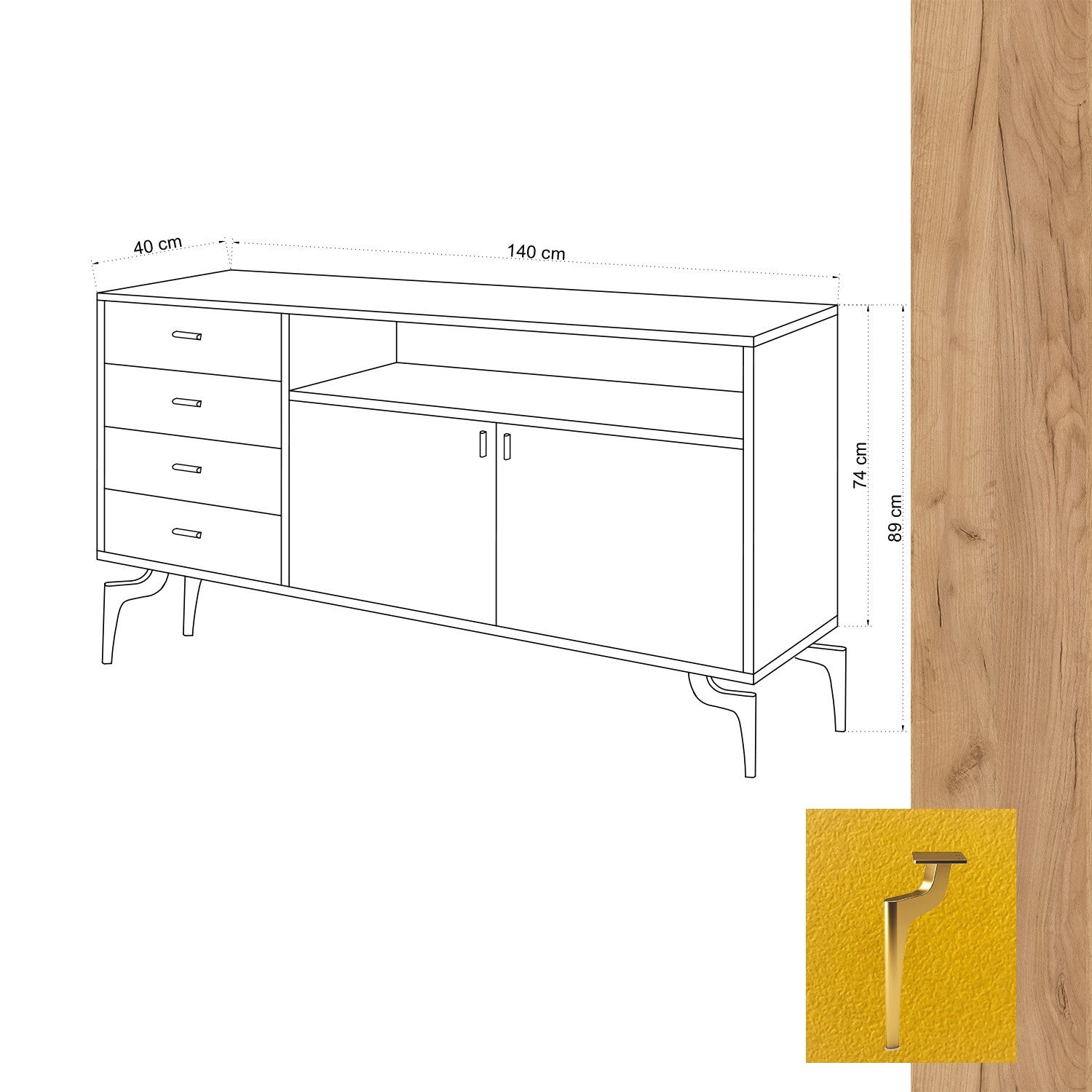 Sideboard mit 4 schubladen und 2 türen, Li̇ora Gelb (4)