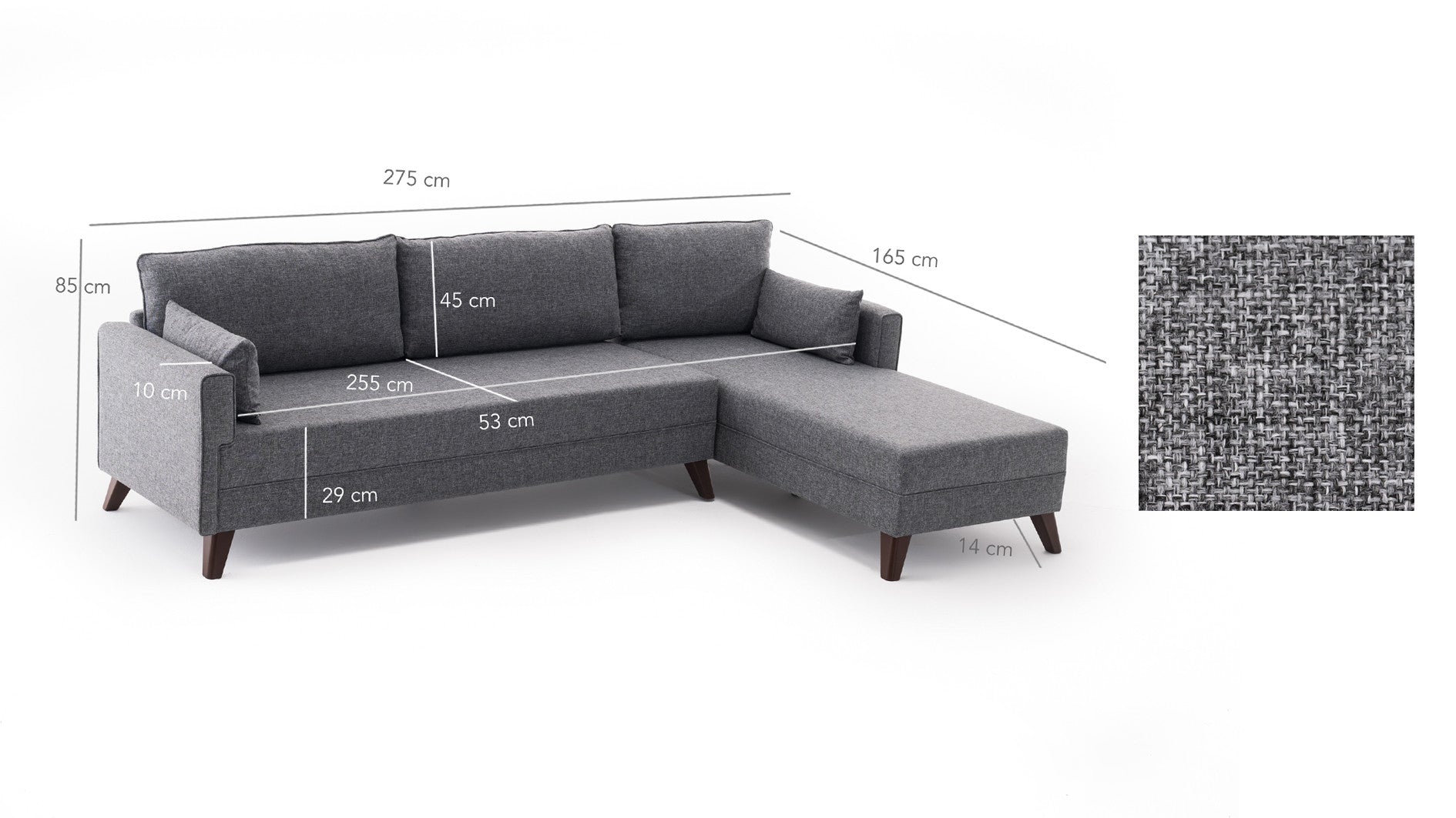 Ecksofa mit Chaiselongue Rechts, 3-Sitzer, aus Stoff, Bella 1 Grau (5)