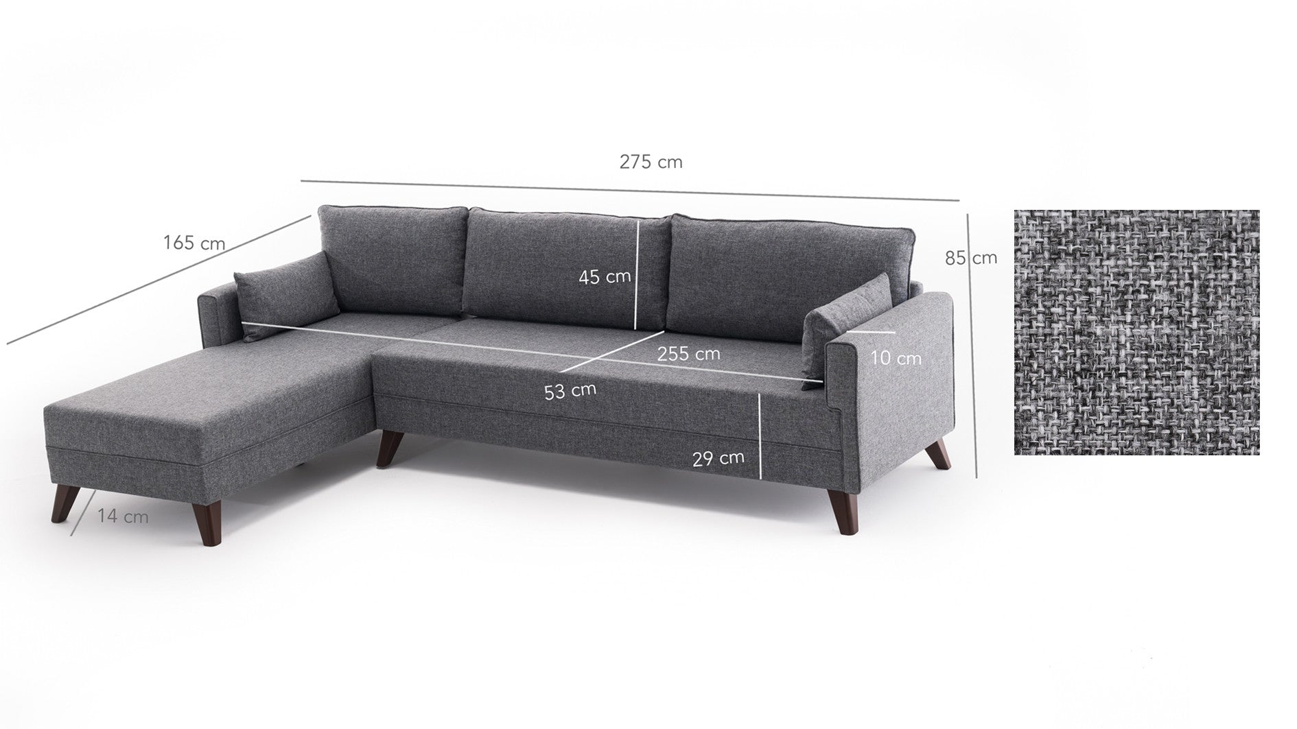 Ecksofa mit Chaiselongue Links, 3-Sitzer, aus Stoff, Bella 1 Grau (5)