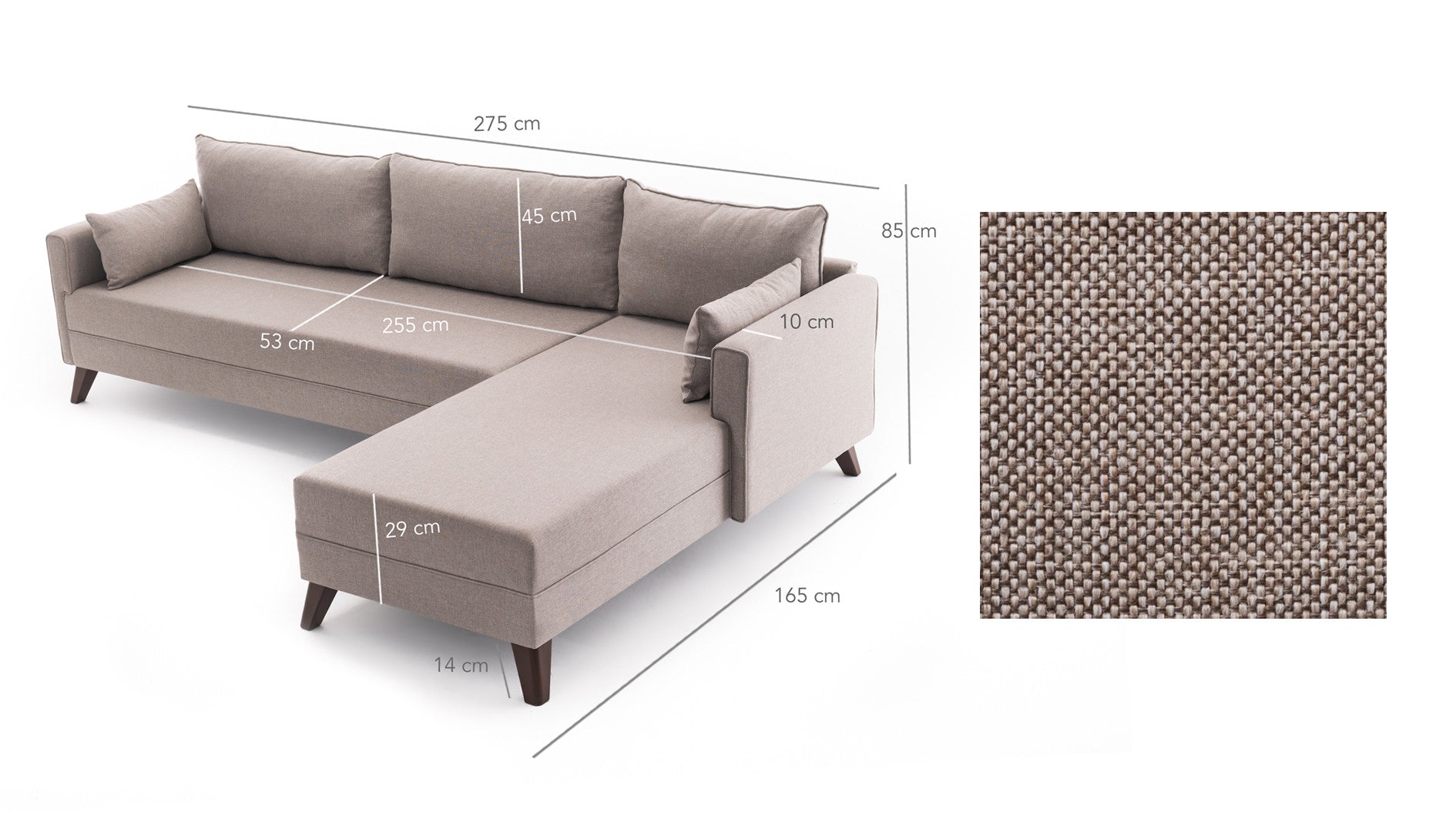 Ecksofa mit Chaiselongue Rechts, 3-Sitzer, aus Stoff, Bella 1 Creme (6)