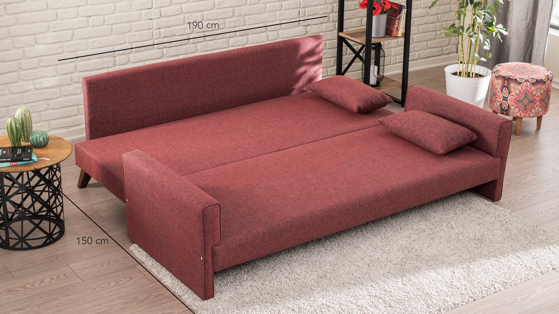 Schlafsofa 3-Sitzer mit Stoff, Bella Bordeaux (3)