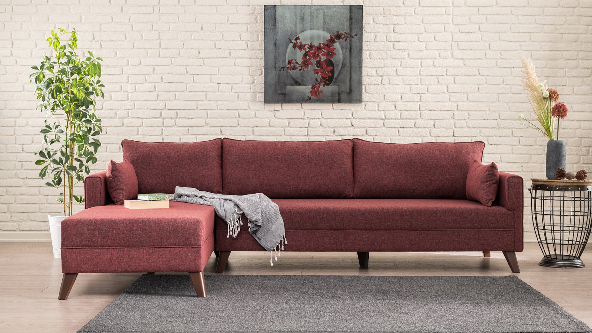 Ecksofa mit Chaiselongue Links, 3-Sitzer, aus Stoff, Bella 1 Bordeaux (1)