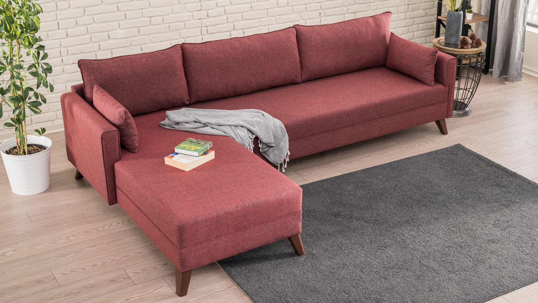 Ecksofa mit Chaiselongue Links, 3-Sitzer, aus Stoff, Bella 1 Bordeaux (2)