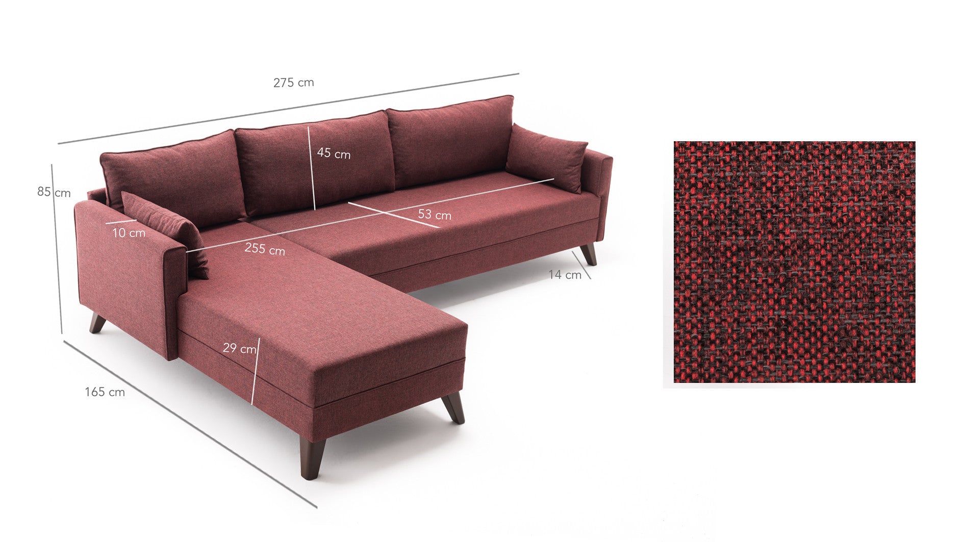 Ecksofa mit Chaiselongue Links, 3-Sitzer, aus Stoff, Bella 1 Bordeaux (6)