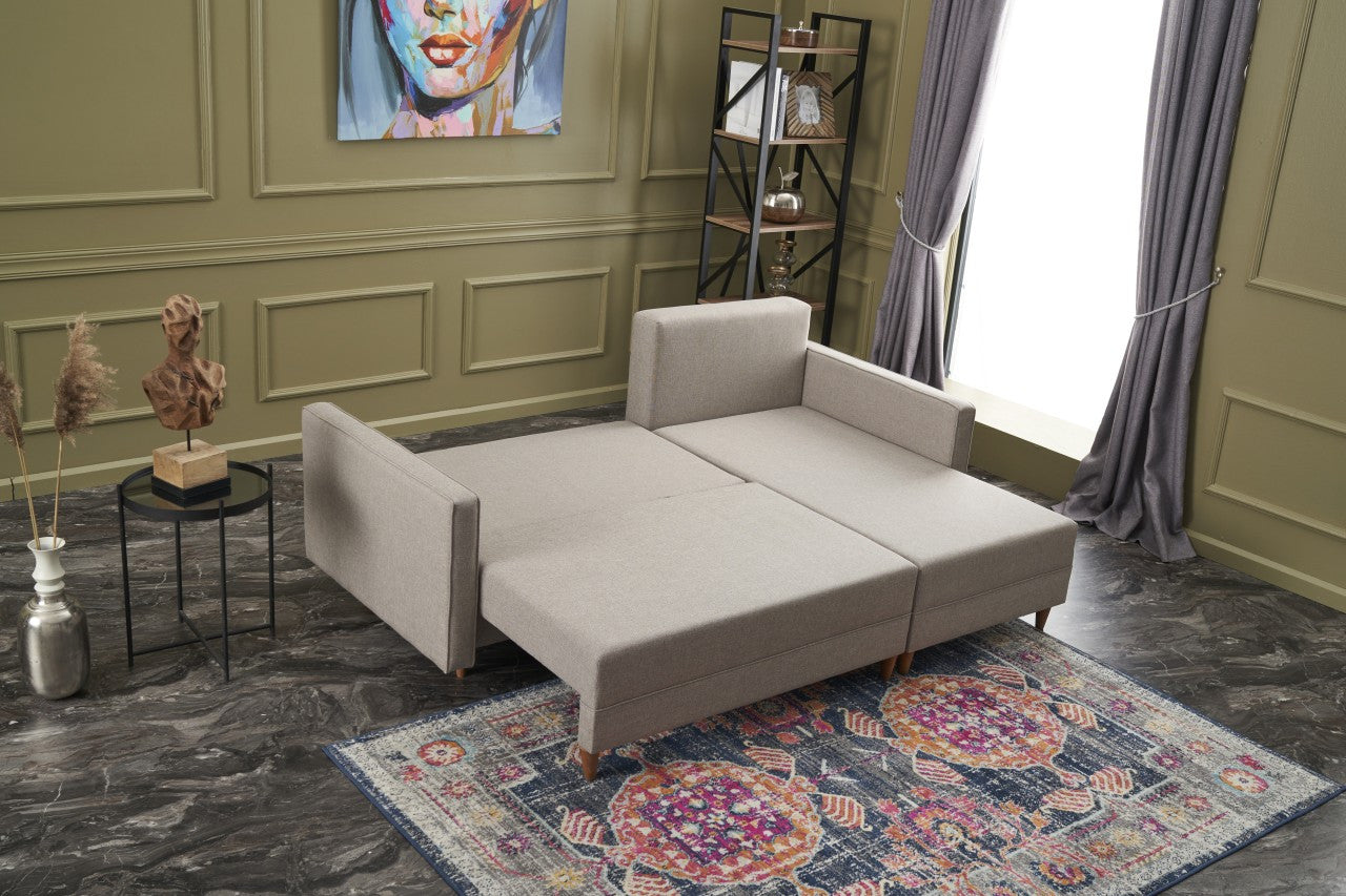 Ecksofa Schlaffunktion mit Chaiselongue Rechts, 2-Sitzer, aus Stoff, Aydam Creme (3)