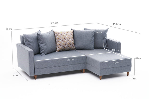 Ecksofa Schlaffunktion mit Chaiselongue Rechts, 2-Sitzer, aus Stoff, Aydam Blau (6)