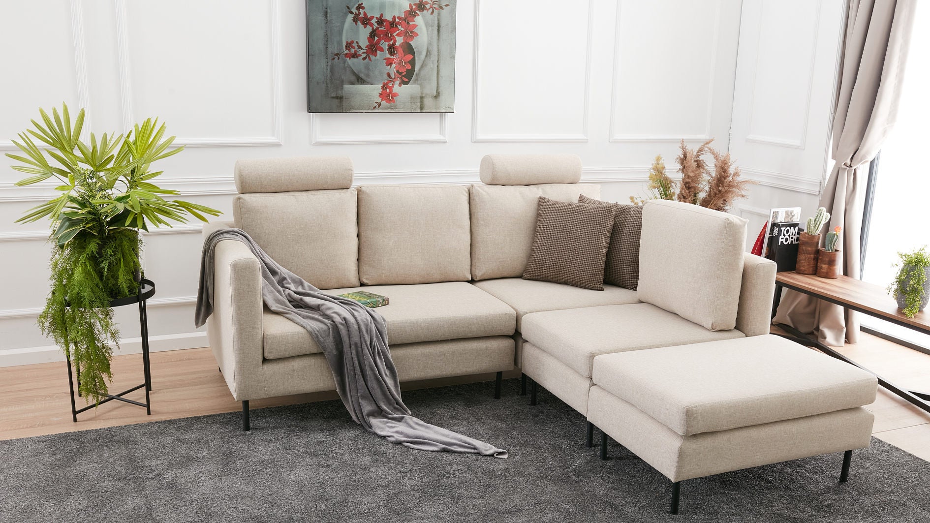 Ecksofa Schlaffunktion mit Chaiselongue Rechts, 3-Sitzer, aus Stoff, Mino Creme (1)