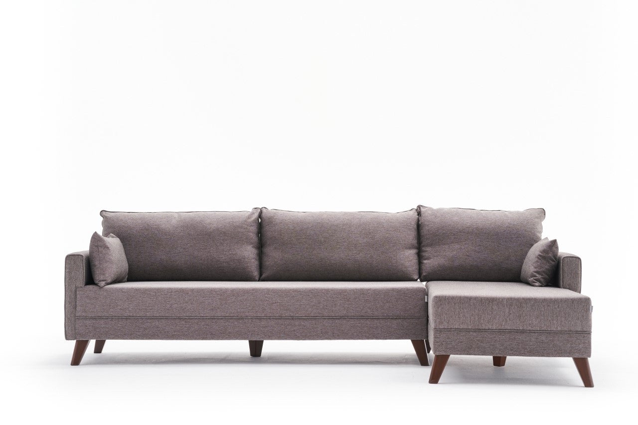 Ecksofa mit Chaiselongue Rechts, 3-Sitzer, aus Stoff, Bella Braun (4)