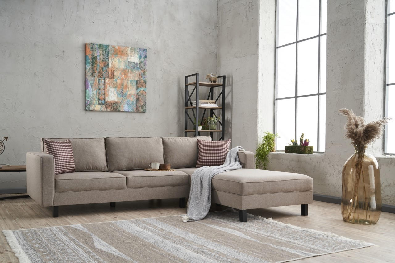 Ecksofa mit Chaiselongue Rechts, 3-Sitzer, aus Stoff, Kale Creme (1)