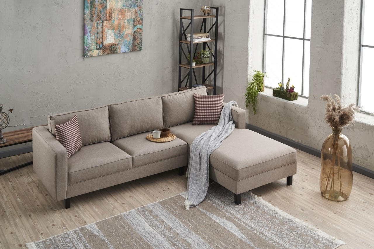 Ecksofa mit Chaiselongue Rechts, 3-Sitzer, aus Stoff, Kale Creme (2)