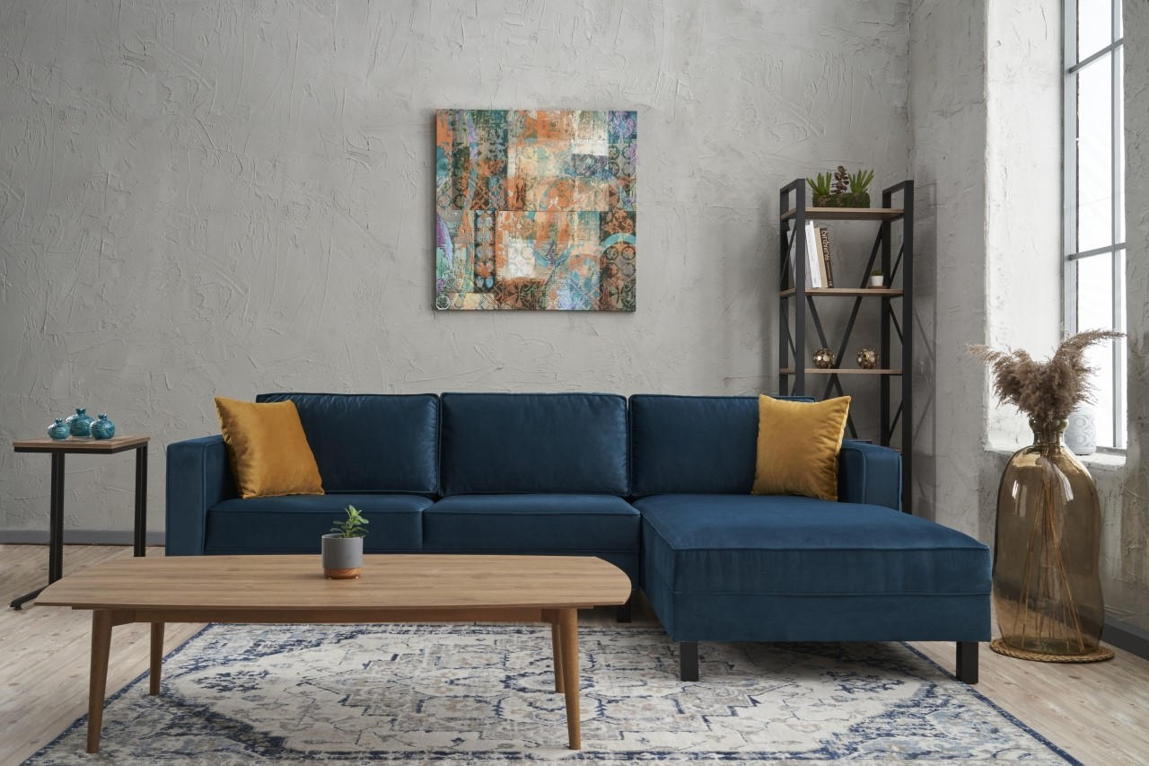 Ecksofa mit Chaiselongue Rechts, 3-Sitzer, aus Stoff, Kale Blau