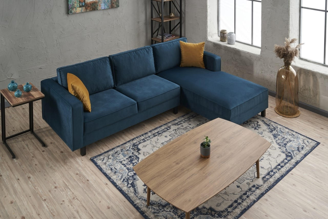 Ecksofa mit Chaiselongue Rechts, 3-Sitzer, aus Stoff, Kale Blau (2)