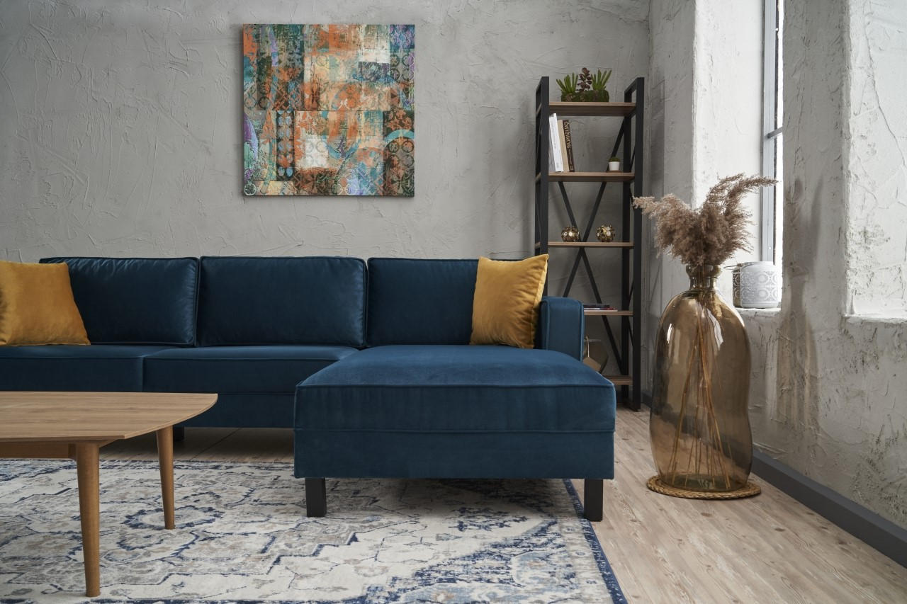 Ecksofa mit Chaiselongue Rechts, 3-Sitzer, aus Stoff, Kale Blau (3)