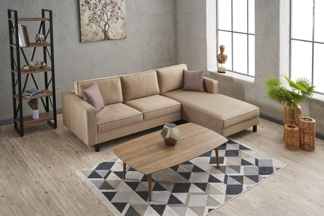 Ecksofa mit Chaiselongue Rechts, 3-Sitzer, aus Stoff, Kale Creme (2)