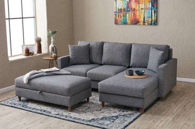 Ecksofa mit Chaiselongue Rechts, 4-Sitzer, aus Stoff, Eva Grau (1)