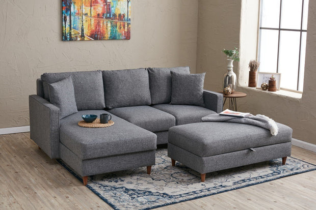 Ecksofa mit Chaiselongue Links, 4-Sitzer, aus Stoff, Eva Grau (1)