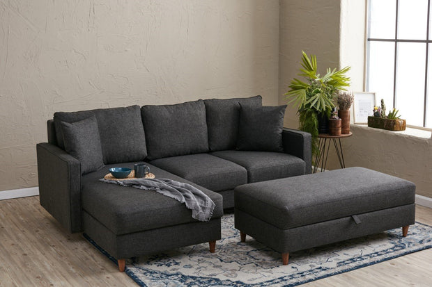 Ecksofa mit Chaiselongue Links, 4-Sitzer, aus Stoff, Eva Anthrazit (1)