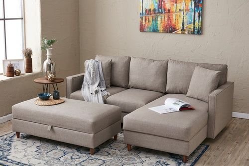 Ecksofa mit Chaiselongue Rechts, 4-Sitzer, aus Stoff, Eva Creme (1)