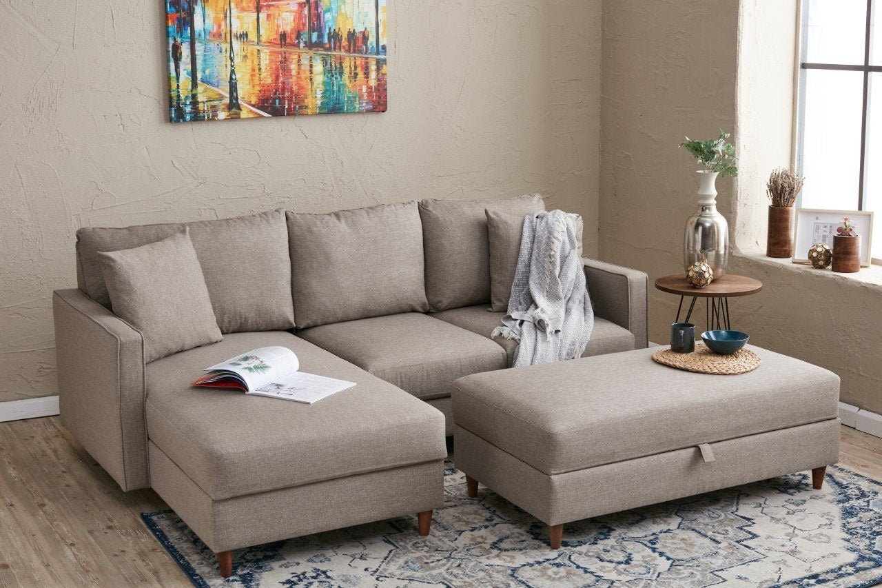 Ecksofa mit Chaiselongue Links, 4-Sitzer, aus Stoff, Eva Creme (1)