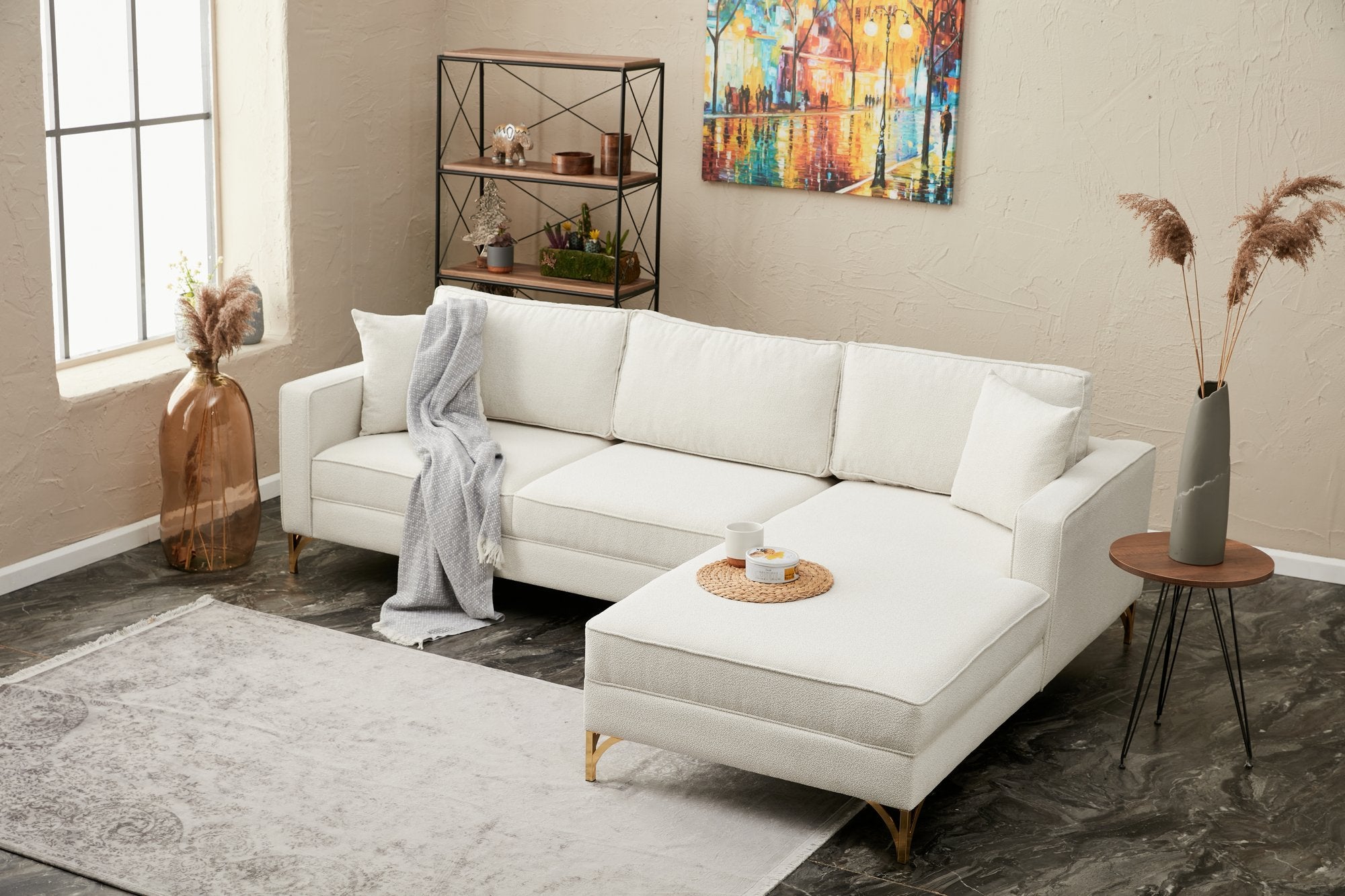 Ecksofa mit Chaiselongue Rechts, 3-Sitzer, aus Stoff, Berlin Creme (1)